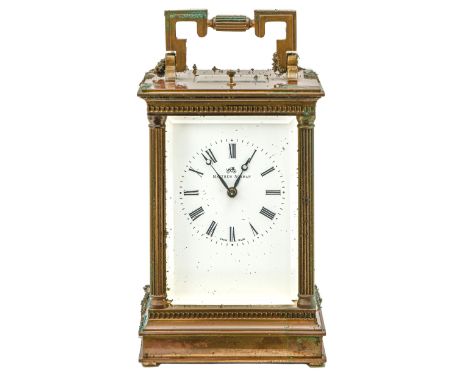 A Matthew Norman brass carriage clock, late 20th c, with repeating movement, 15cm h excluding handle, boxed  Lining of box in