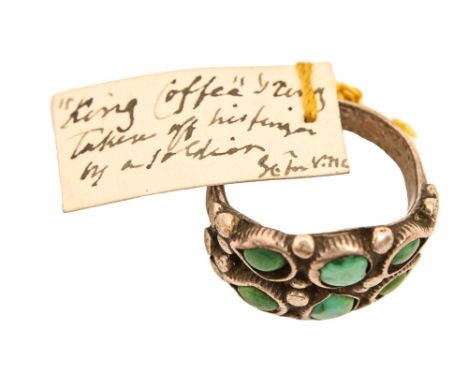 A silver and turquoise finger ring, 19th c, with contemporary handwritten label "King Coffey's ring taken off his finger by a