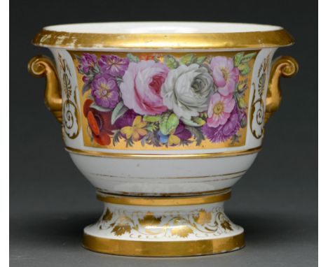 An English porcelain cache pot and stand, c1820, painted with a gilt ground panel of flowers, 15cm h  Wear to gilding
