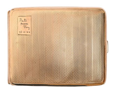A George V 9ct gold cigarette case, engine turned, 10cm l, maker's mark rubbed, Birmingham 1930, 102.5g  Dent on back