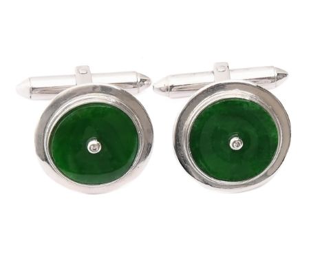 A pair of diamond, jade and white gold cufflinks, 19mm diam, marked 750, 10.6g  Good condition