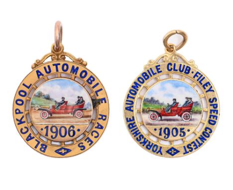 Veteran motoring. Two Edwardian 9ct and 18ct gold&nbsp; and enamel wheel shaped prize watch fob shields, of The Yorkshire Aut