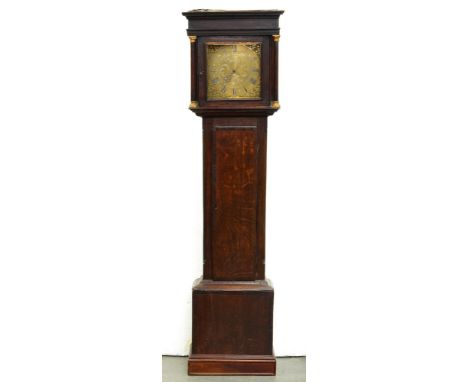 A George III oak thirty hour longcase clock, Higginbotham Macclesfd, mid 18th c, with engraved dial, date sector and pierced 