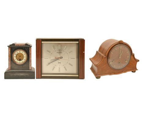 A noir belge and breccia marble mantel clock with primrose enamel dial, late 19th c, a walnut mantel clock with chiming movem