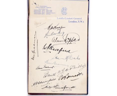 An autograph album containing signed pieces by cricketers, including Harold Larwood, Herbert Sutcliffe, Jack Hobbs, K S Dulee