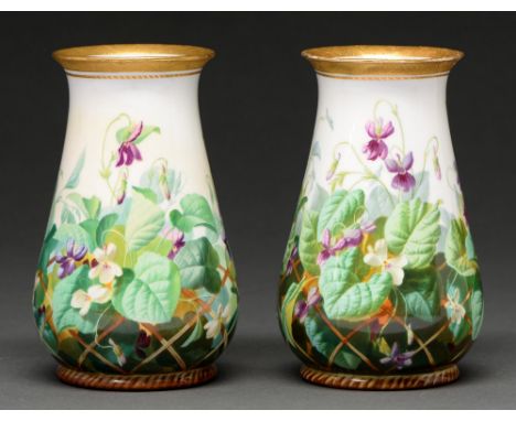 A pair of Copeland bone china vases, c1880,  painted by C F Hurten, with violets and trellis beneath flared, raised gilt rim,