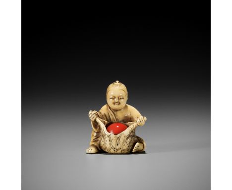 HOSHUNSAI MASAYUKI: A FINE IVORY NETSUKE OF A BOY WITH HOZUKIBy Hoshunsai Masayuki, signed Masayuki 正之Japan, Tokyo, Asakusa D