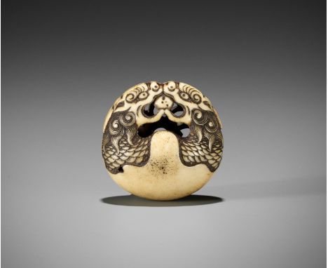 A SUPERB STAG ANTLER RYUSA MANJU NETSUKE OF A MOKUGYO, ATTRIBUTED TO TOKOKUAttributed to Suzuki Tokoku (1846-1913), signed wi