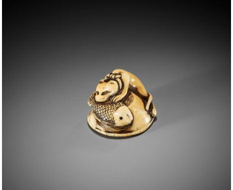 A RARE IVORY NETSUKE OF A CAT EATING A FISHUnsigned Japan, 18th century, Edo period (1615-1868)The mischievous feline clamber