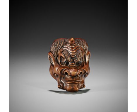 A WOOD MASK NETSUKE OF FUJINInscribed Fujin 風神 Japan, 19th centuryThe God of Wind expressively carved with large, intense eye