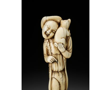 A GOOD IVORY NETSUKE OF A DUTCHMAN WITH DOGUnsignedJapan, 18th century, Edo period (1615-1868)Published: Sydney L. Moss Ltd. 