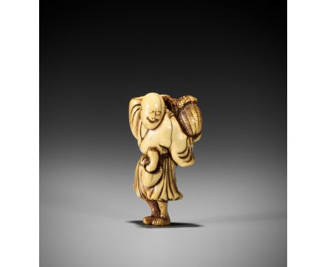 A KYOTO SCHOOL IVORY NETSUKE OF A FARMER GATHERING FLOWERS AND MUSHROOMSUnsigned Japan, Kyoto, 18th century, Edo period (1615