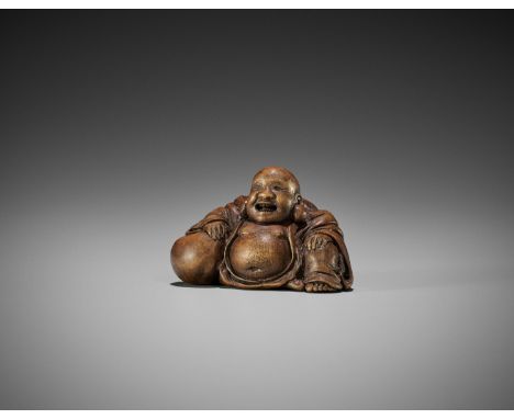 A FINE WOOD NETSUKE OF HOTEIUnsignedJapan, late 18th to early 19th century, Edo period (1615-1868)Finely carved, the wood bea