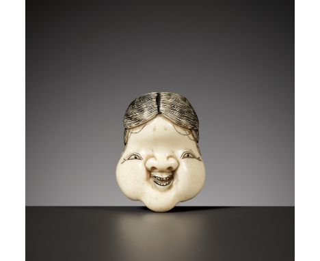 A RARE BONE MASK NETSUKE OF OKAMESigned illegiblyJapan, Meiji period (1868-1912)Published: Bushell, Raymond (1975) Netsuke Fa