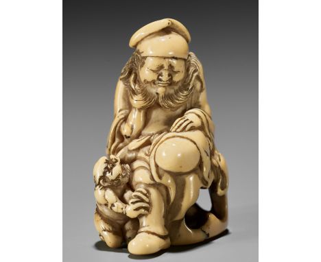 A FINE IVORY NETSUKE OF A SLEEPING SHOKI WITH ONIUnsignedJapan, first half of 19th century, Edo period (1615-1868)The demon q