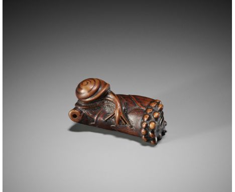 A FINE WOOD NETSUKE OF A SNAIL ON A BAMBOO SHOOTUnsigned Japan, late 18th to early 19th century, Edo period (1615-1868)Natura