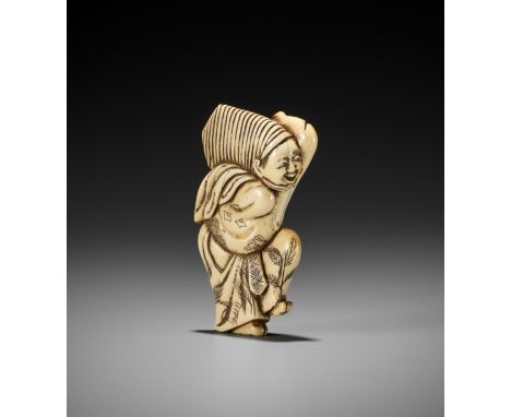 AN EARLY IVORY NETSUKE OF A SAMBASO DANCERUnsigned Japan, 18th century, Edo period (1615-1868)Of flattened form, well carved 