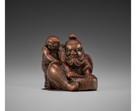 MASAKATA: A FINE WOOD NETSUKE OF SHOKI AND ONI  By Masakata, signed Masakata 正方Japan, Nagoya, early 19th century, Edo period 