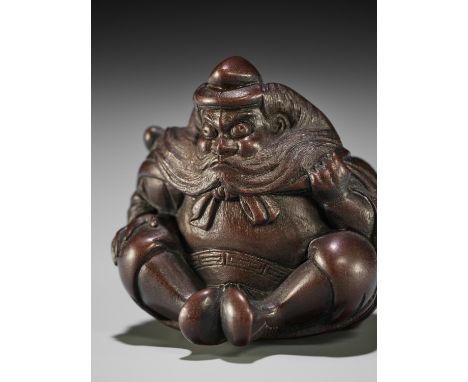 JUSHI: A FINE INLAID WOOD NETSUKE OF SHOKI WITH A BAG OF ONI  By Jushi (Toshiyuki), signed Jushi with kakihan 壽之Japan, Edo (T