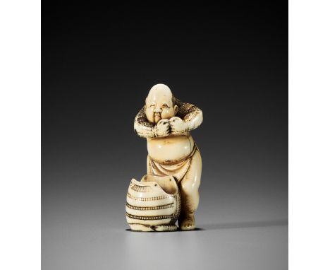 DORAKU: AN IVORY NETSUKE OF A SAMURAI TAKING OFF HIS ARMORBy Doraku, signed Doraku 道乐Japan, Osaka, mid-19th century, Edo peri