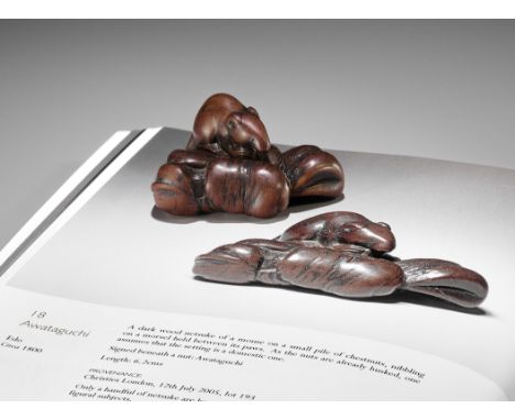AWATAGUCHI: A LARGE OLD WOOD NETSUKE OF A RAT WITH CHESTNUTSBy Awataguchi, signed Awataguchi 粟田口Japan, Edo, 18th century, Edo
