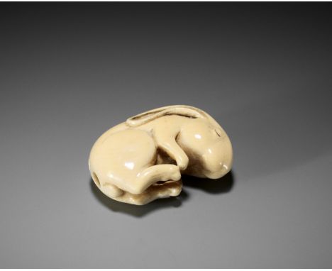 SHUNSUI: A RARE IVORY NETSUKE OF A SLEEPING HAREBy Shunsui, signed Shunsui 春水Japan, Tokyo, Meiji period (1868-1912)The rabbit