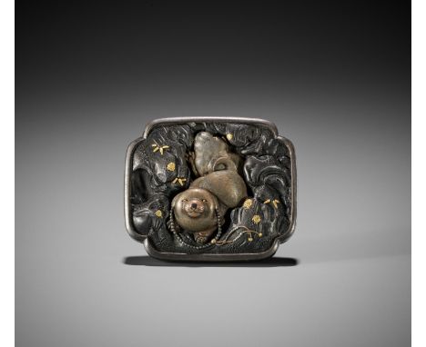 YOSHISATO: A SUPERB MIXED METAL NETSUKE DEPICTING PUPPIESBy Kono Yoshisato, signed Yoshisato 芳里 and kakihanJapan, c. 1870Publ