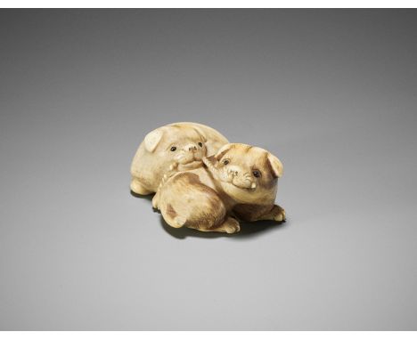 RANTEI: A CHARMING IVORY NETSUKE OF TWO PLAYING PUPSBy Rantei, signed Rantei 蘭亭Japan, Kyoto, early 19th century, Edo period (