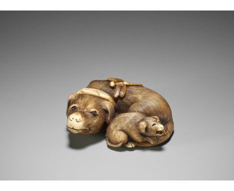 AN IVORY NETSUKE OF A DOG WITH PUPPY AND DRAGONFLYUnsigned Japan, Osaka, first half of 19th century, Edo period (1615-1868)Th