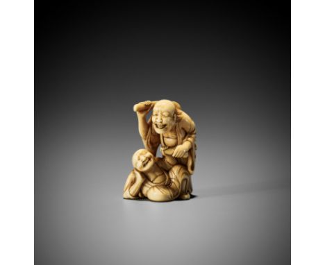 AN IVORY NETSUKE OF TWO SAGESUnsigned Japan, 18th century, Edo period (1615-1868)Boldly carved as two sages with rather grote