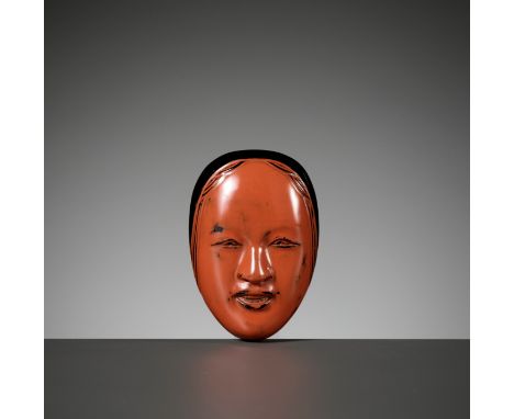 YOZEI: A FINE TSUISHU (RED LACQUER) NETSUKE OF A NOH MASK, KO-OMOTEBy Yozei, signed Yozei 楊成 zo 造Japan, late 19th to early 20