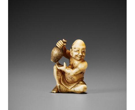 DORAKU: AN IVORY NETSUKE OF A DRUNKARDBy Doraku, signed Doraku 道乐Japan, Osaka, mid-19th century, Edo period (1615-1868)Well c