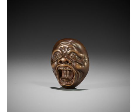 HOSHIN: A FINE WOOD MASK NETSUKE OF A SCREAMING MANBy Hoshin, signed Hoshin 法真 Japan, 19th centuryExpressively carved with wr