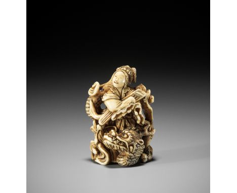 TOMOCHIKA: AN IVORY NETSUKE OF BENTEN WITH DRAGONBy Tomochika, signed Tomochika 友近Japan, Edo (Tokyo), c. 1830, Edo period (16