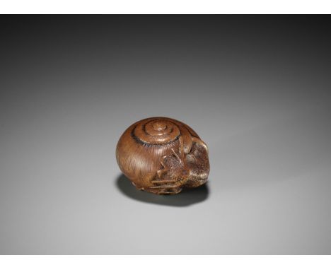 KOMIN: A RARE WOOD NETSUKE OF A SNAIL EMERGING FROM ITS SHELLBy Komin, signed Komin 光珉Japan, Edo (Tokyo), 19th century, Edo p