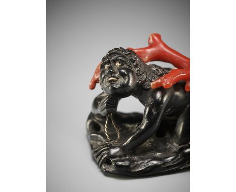 KYOKUSEI: A FINE INLAID EBONY WOOD NETSUKE OF A CORAL DIVERBy Kyokusei, signed Kyokusei 旭生Japan, Edo/Tokyo, late 19th century