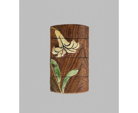 KENYA: A RARE CERAMIC-INLAID WOOD INRO DEPICTING YAMAYURI (MOUNTAIN LILY)By Ogata Kenya (1853-1923), signed Kenya 乾也Japan, Me