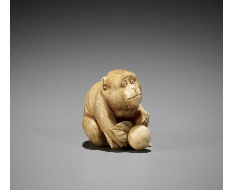 NOBUKAZU: AN IVORY NETSUKE OF A MONKEY WITH KAKI (PERSIMMON)By Nobukazu, signed Nobukazu 信一Japan, Tokyo, late 19th century, M