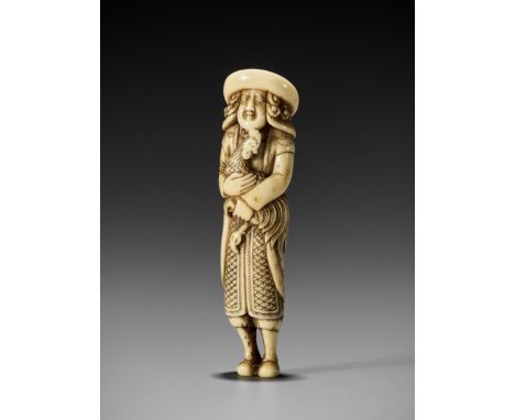 A STAG ANTLER NETSUKE OF A DUTCHMAN WITH COCKERELUnsignedJapan, late 18th century, Edo period (1615-1868)Carved from a tubula