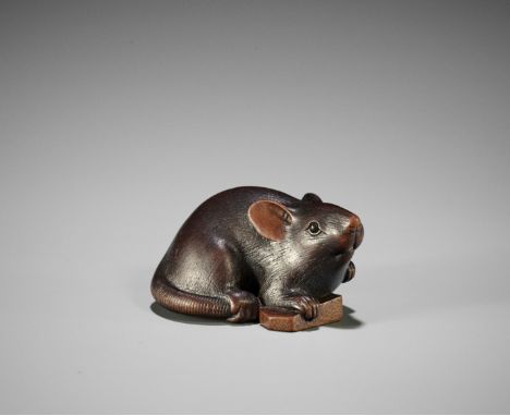 KANO TOMOKAZU: A SUPERB WOOD NETSUKE OF A RAT WITH A SHOGI TILE  By Kano Tomokazu, signed Tomokazu 友一Japan, Gifu or Nagoya, c