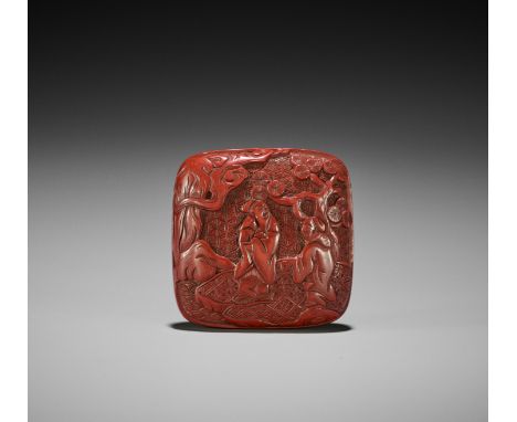 A TSUISHU LACQUER NETSUKE WITH SAGES AND PINE TREESUnsignedJapan, 18th century, Edo period (1615-1868)The cushion-shaped two-