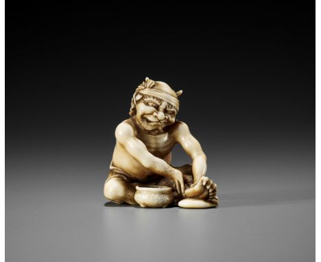 MASAKA: A SUPERB IVORY NETSUKE OF AN ONI APPLYING MOXABy Kihodo Masaka, signed Masaka 正香Japan, Osaka, late 19th century, Meij