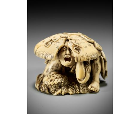 TOMOCHIKA: A RARE IVORY NETSUKE OF A FARMER SHELTERING FROM THE STORMBy Chikuyosai Tomochika I, signed Tomochika 友親Japan, Edo