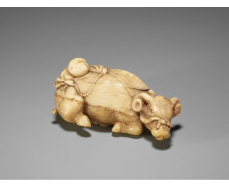 A NARWHAL TUSK NETSUKE OF AN OXHERD AND OX, ATTRIBUTED TO GARAKUAttributed to Risuke Garaku, unsignedJapan, Osaka, second hal