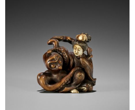 CHIKUSAI: A SUPERB INLAID WOOD SHUNGA NETSUKE OF BENTEN AND OCTOPUS  By Chikusai, signed Chikusai 竹齋Japan, Edo (Tokyo), mid-1