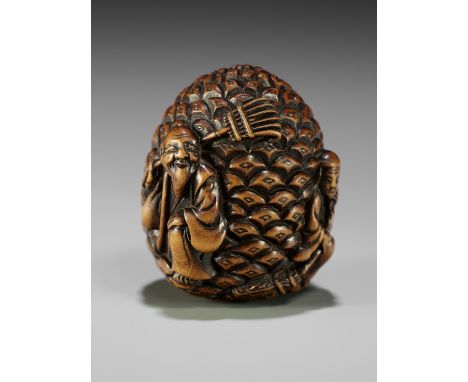 KAGETOSHI: A FINE WOOD NETSUKE OF JO AND UBA ON A PINECONEBy Kagetoshi, signed Kagetoshi 景利Japan, Edo (Tokyo), mid-19th centu