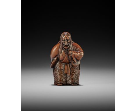 A POWERFUL WOOD NETSUKE OF KIYOHIMEUnsigned Japan, 18th century, Edo period (1615-1868)Finely carved standing and slightly le