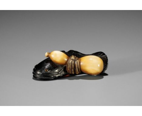 JOSUI: A FINE EBONY AND IVORY NETSUKE OF A NAMAZU AND GOURDBy Josui, signed Josui 如水Japan, Tokyo, late 19th to early 20th cen