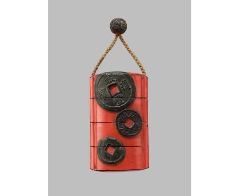 A RED AND BLACK LACQUER THREE-CASE INRO DEPICTING ANCIENT COINSUnsigned Japan, 18th century, Edo period (1615-1868)The black 