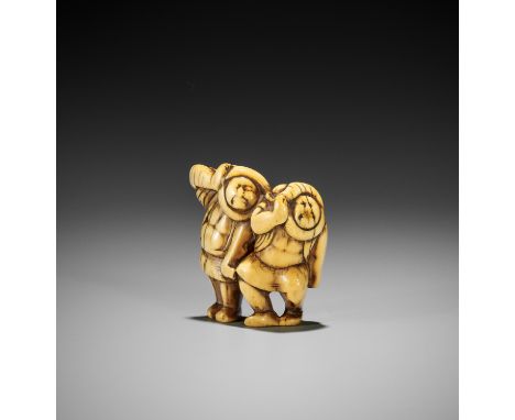 A VERY RARE IVORY NETSUKE OF TWO KOMUSUKE (TOKAIDO ROAD PORTERS)Unsigned Japan, 18th century, Edo period (1615-1868)Published